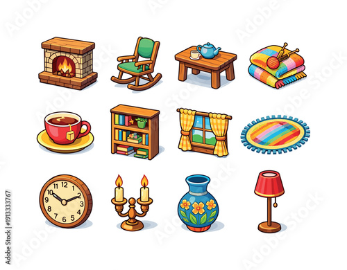 Cozy cottage interior. Colorful isometric vector icons set of cozy cottage interior: fireplace, rocking chair, wooden table, knitted blanket,