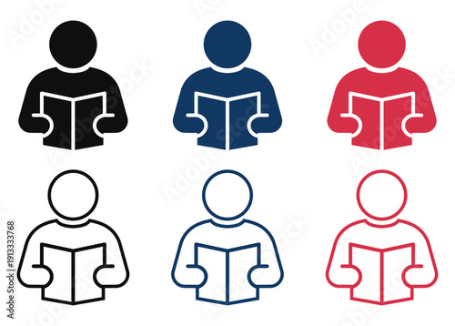 Person Reading Book Icon Set – Solid and Outline User Education Symbols in Black, Blue and Red