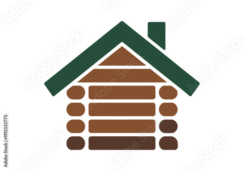 A simple graphic illustration of a log cabin with a green roof and chimney
