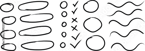 A collection of hand drawn shapes and symbols on a white background