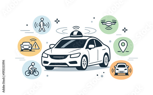 Driverless Car Innovation. Driverless car technology concept. Close-up of car with floating radar and sensor icons detecting surroundings. Calm, controlled,