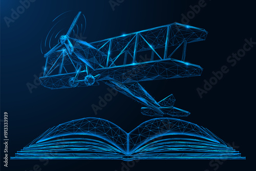 Digital flight of knowledge. A biplane taking off from an open book. The concept symbolizes the power of education, imagination, technological learning and moving forward.