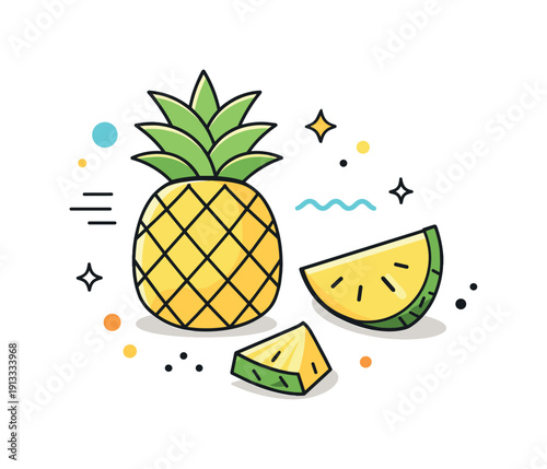 Tropical fruit flat lay. Pineapple combined with small abstract dots and lines suggesting freshness. Light, cheerful summer mood with