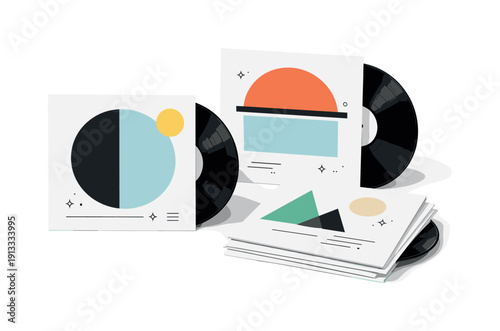 Minimal Vinyl Art. Minimal vinyl record packaging. Clean LP covers stacked or displayed with bold shapes and blank spaces for label design, showing a modern