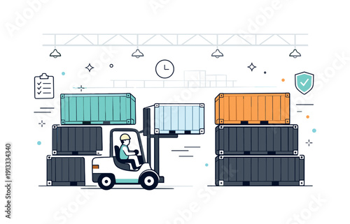 Warehouse container storage. Neatly arranged shipping containers inside a large warehouse, with a forklift moving quietly between rows. The