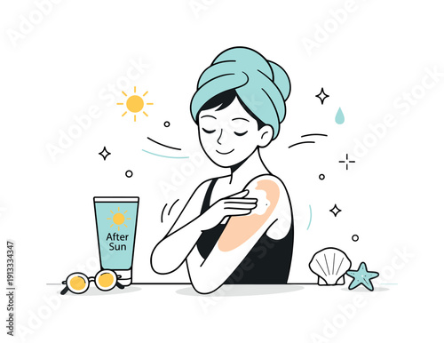 After sun lotion. Person gently applying after sun lotion to skin in a relaxed editorial scene. Theme of self-care, cooling relief, and