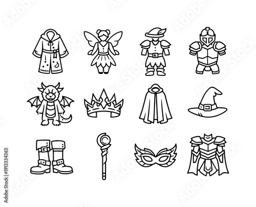 Fantasy Theatrical Costume. Line icon set of Fantasy Theatrical Costume: wizard robe, fairy costume, elf outfit, knight armor, dragon