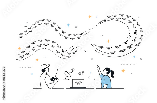 Drone Dance Display. Coordinated drone display. Dozens of drones moving in harmony, forming flowing shapes like a digital dance across the sky. Clean editorial