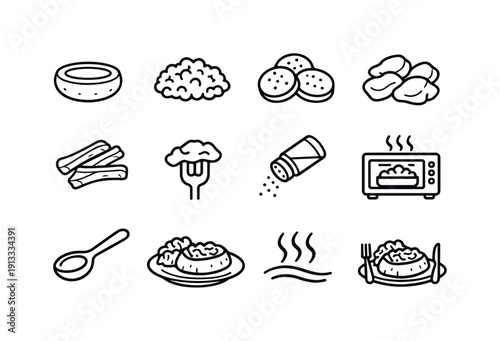 Meat Stuffed Potato Icons. Meat stuffed potatoes. Line icon set of Meat stuffed potatoes: potato half, ground meat filling, sausage slices, chicken chunks,