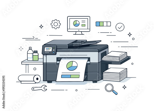 Efficient Digital Printing. Digital printing process. Modern printer producing clean sheets with simple graphics, calm and precise workflow. Focus on