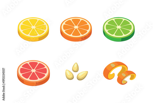 Citrus flat lay. Isometric flat vector icons set of citrus flat lay: lemon slice top view, orange slice top view, lime slice top view,