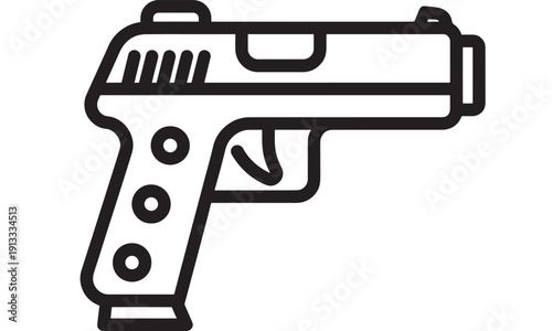 Handgun icon in bold outline style, simple pistol silhouette isolated on white background for security, defense, law enforcement, shooting sports, and UI design use