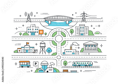 Public infrastructure plans. A clean top-down plan showing roads, bridges, utilities, and public buildings connected in an orderly layout.