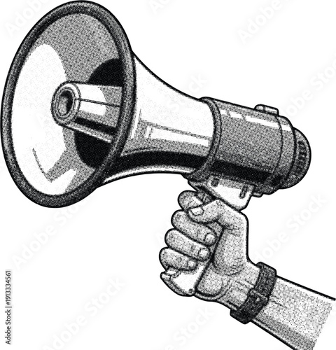 A silhouette of a hand holding a megaphone