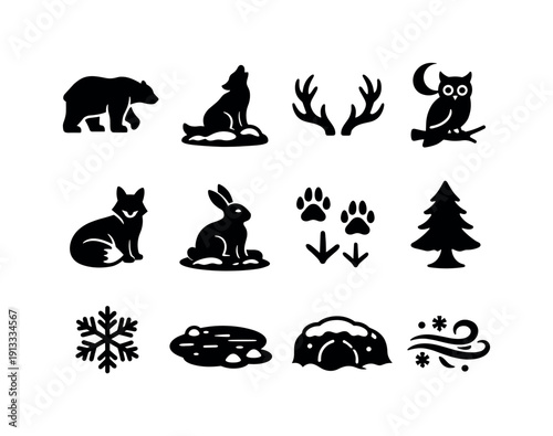 Winter Wildlife. Solid icon set of Winter Wildlife: polar bear, wolf snow, deer antlers, owl night, fox winter coat, rabbit snow, animal