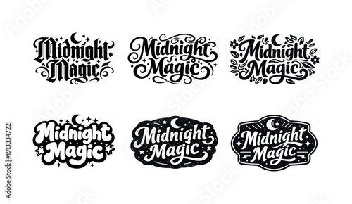 Midnight Magic. Set lettering. harmonious lettering variations of the same emblematic concept, each with different artistic interpretation