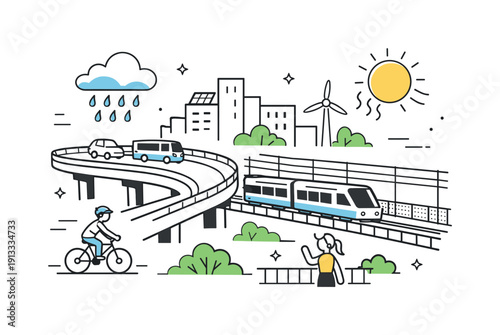 Sustainable transport infrastructure adaptation. A simplified cityscape with elevated roads, protected rail lines, and climate symbols like