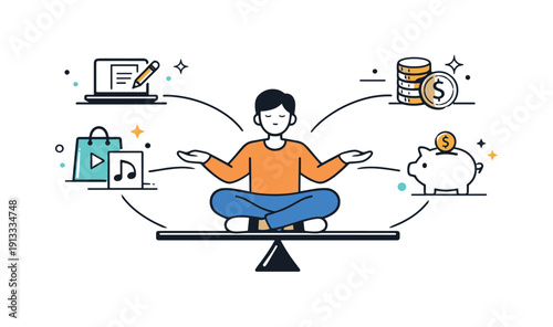 Multiple income streams. Abstract editorial scene showing a person connected to several simple income icons, such as freelance work, digital