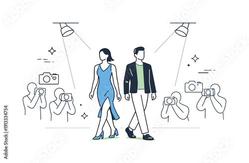 Audience and spotlight moment. Models passing under bright but soft spotlights, abstract audience silhouettes and camera icons in the