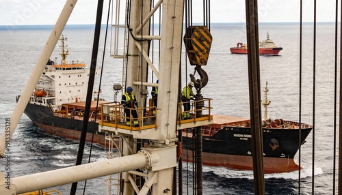 Workers Oversee Cargo Ship Operations at Sea from Offshore Platform