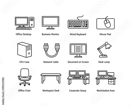 Office Icon Set. Office Computer. Line icon set of Office Computer: office desktop, business monitor, wired keyboard, mouse pad, CPU case, network cable,