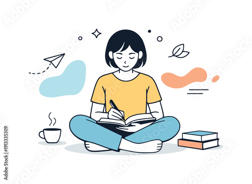 Calm concentration scene. A character sitting cross-legged or upright, focusing on a single task, with gentle abstract shapes showing quiet