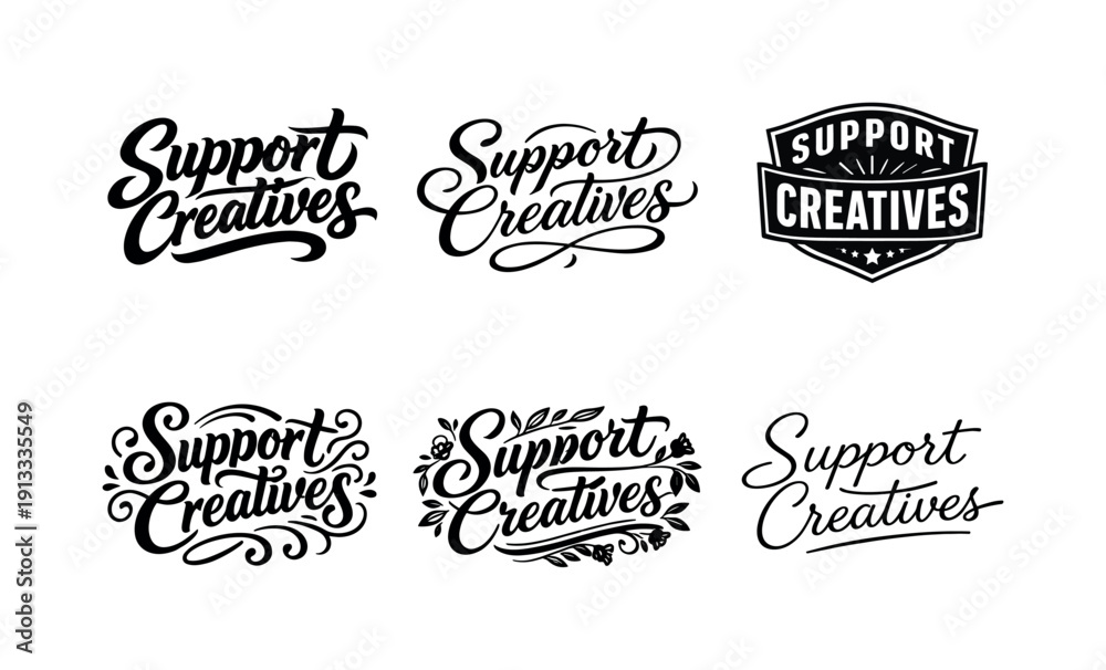 Obraz premium Support Creatives. Set lettering. harmonious lettering variations of the same emblematic concept, each with different artistic interpretation