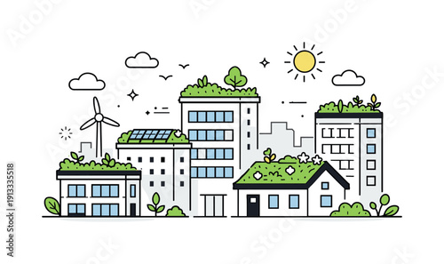 Green roofs in the city. Urban buildings topped with lush green roofs and small plants growing above clean architecture. Calm balance between