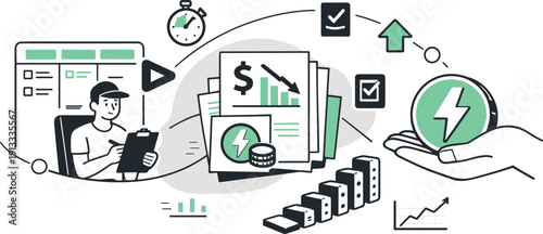 Minimal Budget Transformation. Modern minimal flat vector conceptual collage, crisp hard edges, consistent THIN outline stroke,