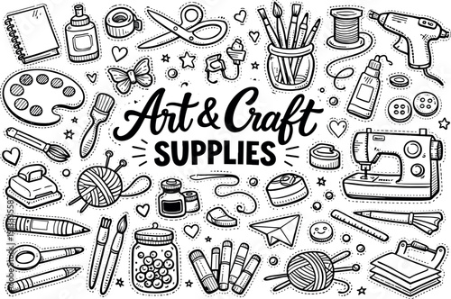 Art and craft hobby supplies, hand drawn doodle elements set, center hand-lettered title, black & white vector line art, bold