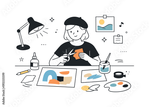 Mixed media art project. An artist combining paper, paint, and simple textures on a workspace, focused creative process. Cut shapes, brush