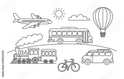 Vector illustration of various transportation modes in a scenic landscape setting