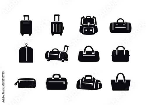 Travel bags. Solid icon set of Travel bags: suitcase, carry on bag, travel backpack, duffel bag, garment bag, rolling bag, weekender bag,