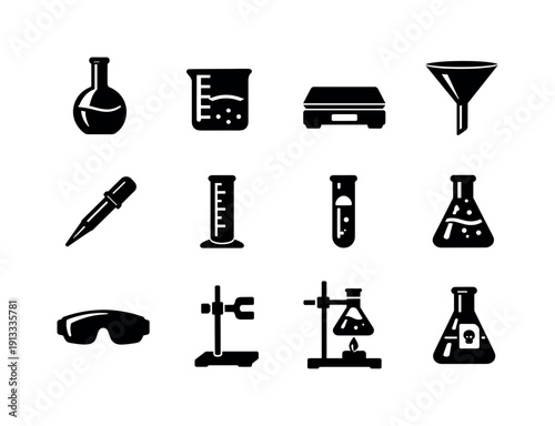 Scientific Experiment Tools. Solid icon set of Scientific Experiment Tools: volumetric flask, lab beaker, digital scale, glass funnel,