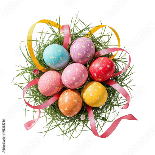 Colorful Eggs in a Basket With Bows for an Easter Celebration in a Bright Set...