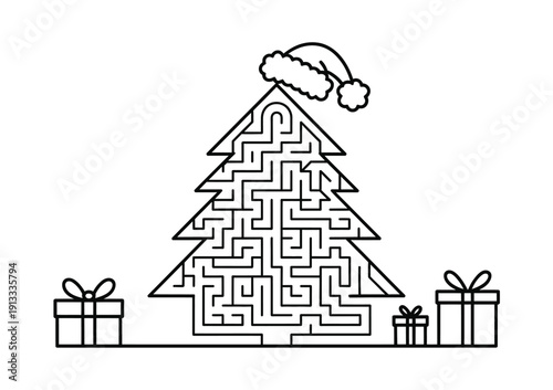 Vector christmas tree maze with gifts and a santa hat on top for a fun holiday activity