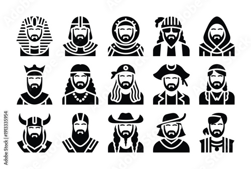 Vector of 14 different men wearing various historical headgear