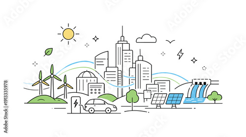 Revolutionary developments in renewable energy. A modern city skyline powered by renewable sources, with subtle energy lines flowing through