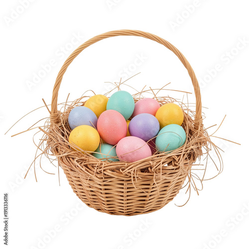 Colorful Eggs Fill a Woven Basket With Straw for Easter Celebration in Spring...
