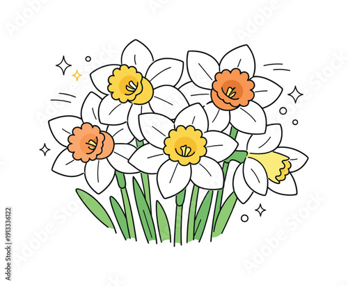 Minimalist Daffodil Illustration. Daffodil flowers close up with gentle depth. Overlapping blooms and stems create a soft sense of layering without visual