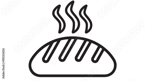 Bread icon showing fresh baked loaf with steam lines, simple black outline bakery symbol isolated on white background for food menu, packaging, app UI and signage