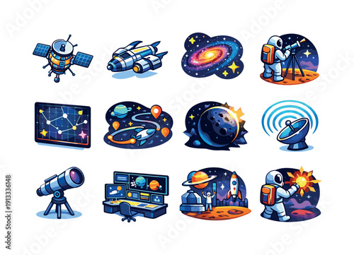 Deep space exploration. Colorful isometric vector icons set of deep space exploration: space probe, interstellar spacecraft, distant galaxy