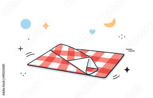 Picnic blanket folds. A partially unfolded picnic blanket forming simple geometric folds, suggesting preparation and anticipation of rest.