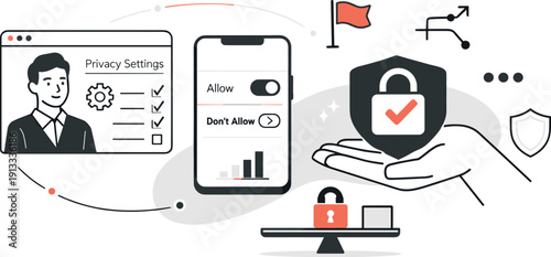 Modern minimal flat vector conceptual collage, crisp hard edges, consistent THIN outline stroke, rounded corners where needed,