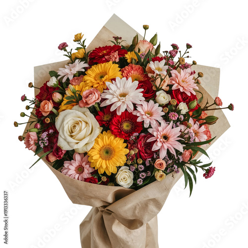 Colorful Flower Bouquet With Different Varieties Wrapped in Brown Paper