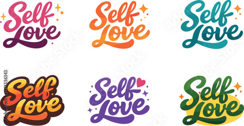 Self Love Logos. Seasonal holiday banner with promotional slogan presenting modern lettering logo set for Self Love, inspirational