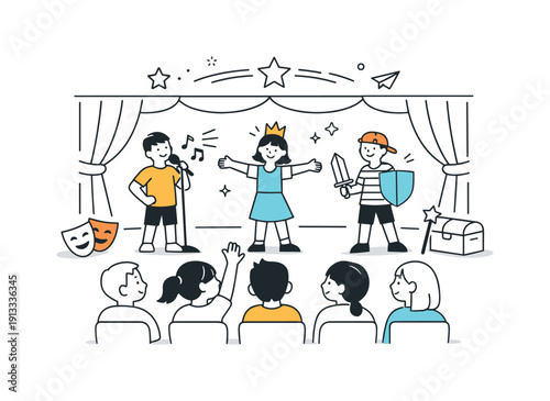School theater program. A small stage with curtains, students performing while classmates watch attentively. The scene highlights