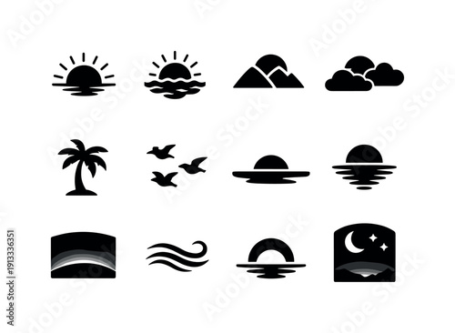 Sunset Elements. Solid icon set of Sunset Elements: setting sun, sun over sea, sun over mountains, clouds at sunset, palm tree, silhouette