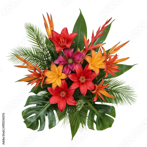 Bright Flower Arrangement With Tropical Plants and Colorful Blooms on White B...