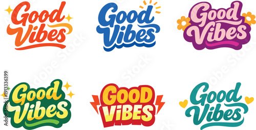 Clean flat holiday banner set illustration featuring modern lettering logo set for Good Vibes, stock marketplace–ready lettering
